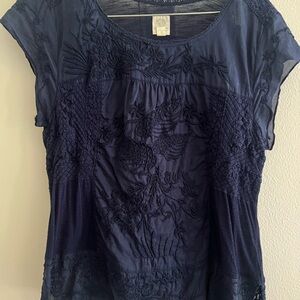 Anthropologie Navy Embroidered Blouse